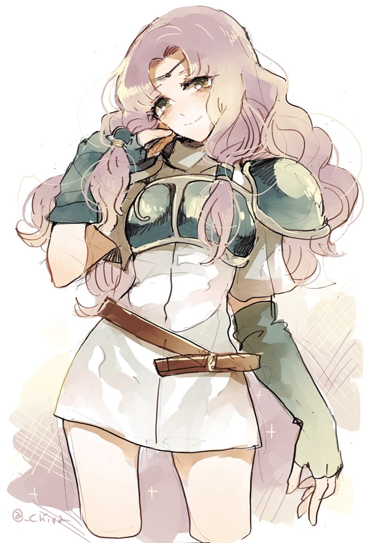 1girl, armor, breastplate, chiva_(wonderworldwood), circlet, fingerless_gloves, fire_emblem, fire_emblem:_rekka_no_ken, florina, gloves, green_eyes, jewelry, long_hair, purple_hair, smile, solo