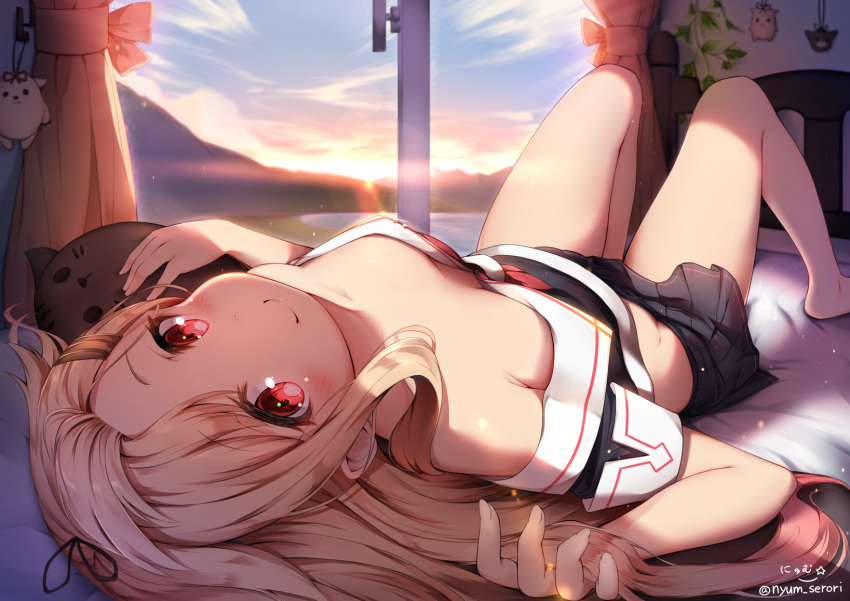 1girl, alternate_hairstyle, artist_name, bare_legs, bare_shoulders, barefoot, bed, bed_sheet
