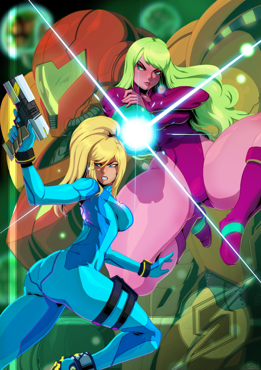 aiming_at_viewer, alternate_costume, arm_cannon, ass, blonde_hair, blue_eyes, bodysuit, green_eyes, green_hair, gun, handgun, helmet, highres, leotard, long_hair, metroid, multiple_persona, ponytail, samus_aran, thick_thighs, thighs, tovio_rogers, varia_suit, weapon, zero_suit