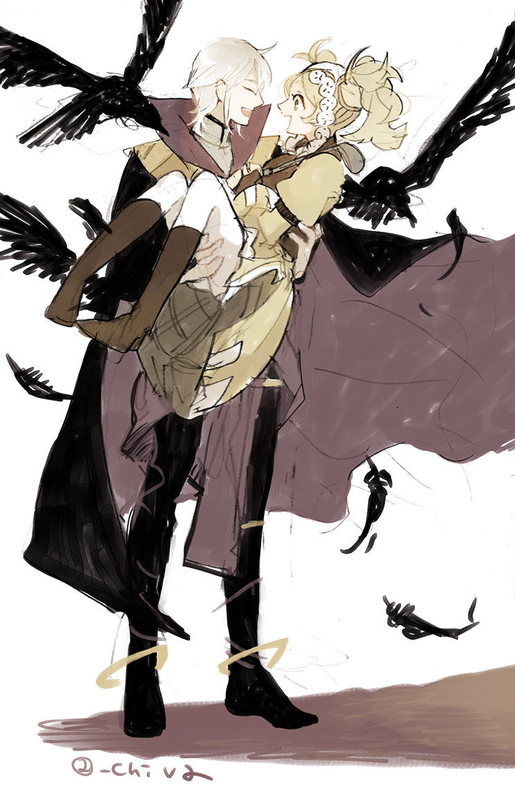 1boy, 1girl, ^_^, bird, blonde_hair, cape, carrying, chiva_(wonderworldwood)