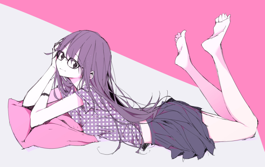 1girl, bangs, bare_legs, barefoot, black-framed_eyewear, black_eyes, black_hair, black_skirt