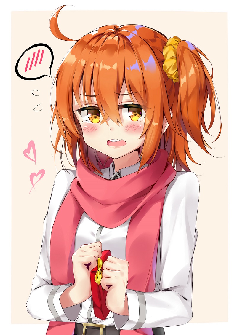 1girl, ahoge, belt, belt_buckle, blush, box, buckle, dombear