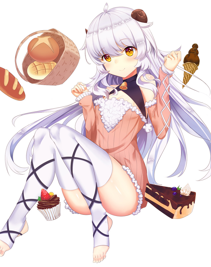 1girl, bangs, basket, bell, bencao_gangmu_(19), bread, cake, convenient_leg