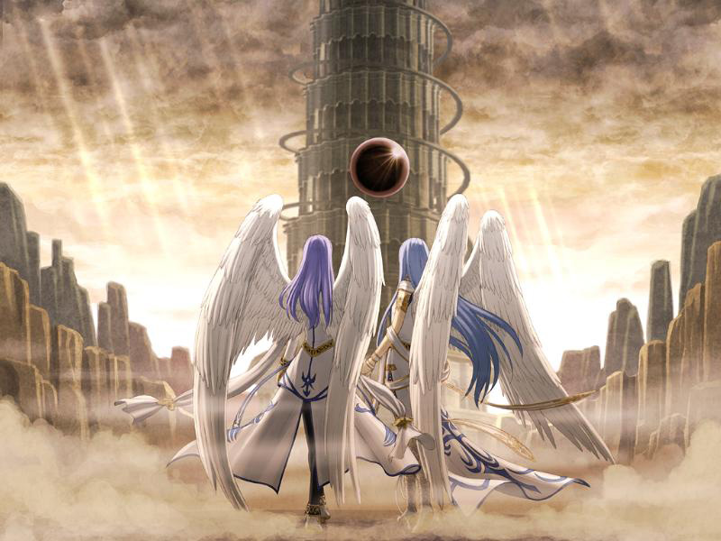 angel, angel_wings, black_pearl, blue_hair, bow, brown_background, canyon, falcom