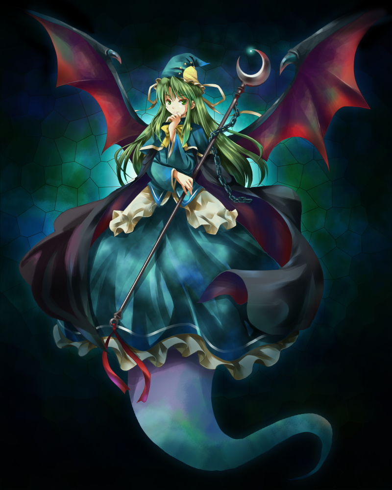 bat_wings, bowtie, cape, chain, chains, ghost, green_eyes, green_hair