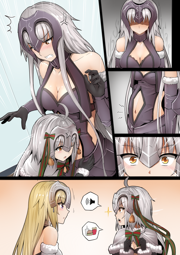 3girls, ahoge, anger_vein, bare_shoulders, bell, black_gloves, blonde_hair, blush
