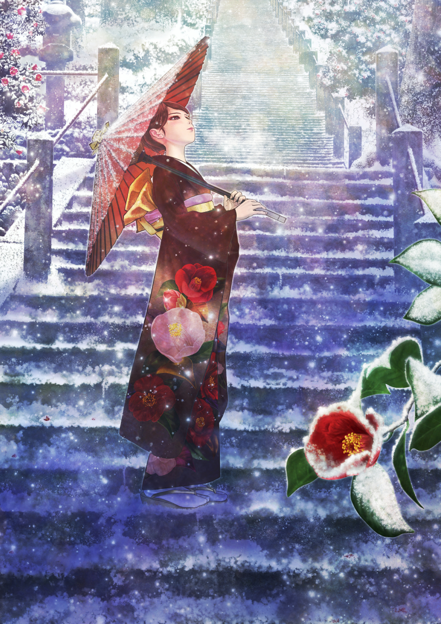 1girl, bangs, blush, brown_eyes, brown_hair, brown_kimono, camellia, closed_mouth, day, floral_print, flower, from_side, full_body, geta, highres, holding, holding_umbrella, japanese_clothes, kimono, kun52, leaf, lips, long_sleeves, looking_up, obi, oriental_umbrella, original, outdoors, print_kimono, red_flower, sash, scenery, short_hair, snow, snowing, solo, stairs, standing, stone_lantern, swept_bangs, tabi, umbrella, white_legwear, wide_sleeves, winter