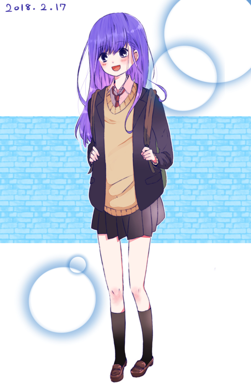 1girl, :d, absurdres, backpack, bag, bangs, black_blazer, black_legwear