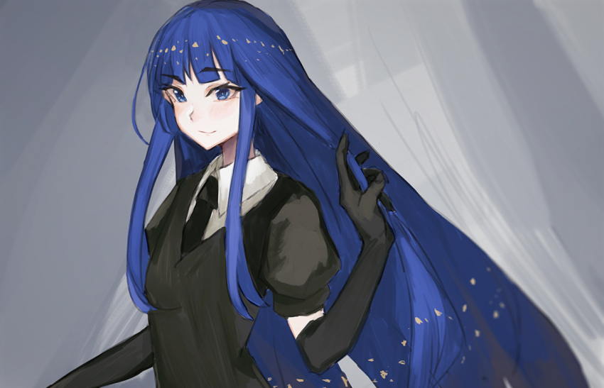 androgynous, aruto2498, bangs, black_neckwear, blue_eyes, blue_hair, blunt_bangs, crystal_hair