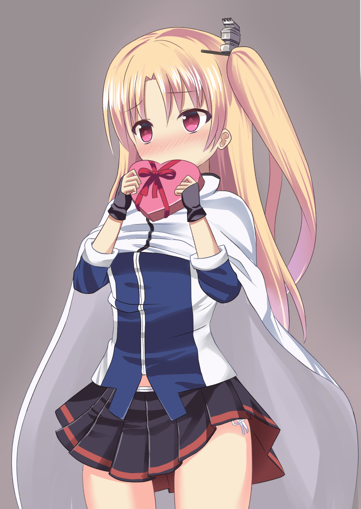 1girl, azur_lane, bangs, black_gloves, black_skirt, blonde_hair, blue_jacket, blush