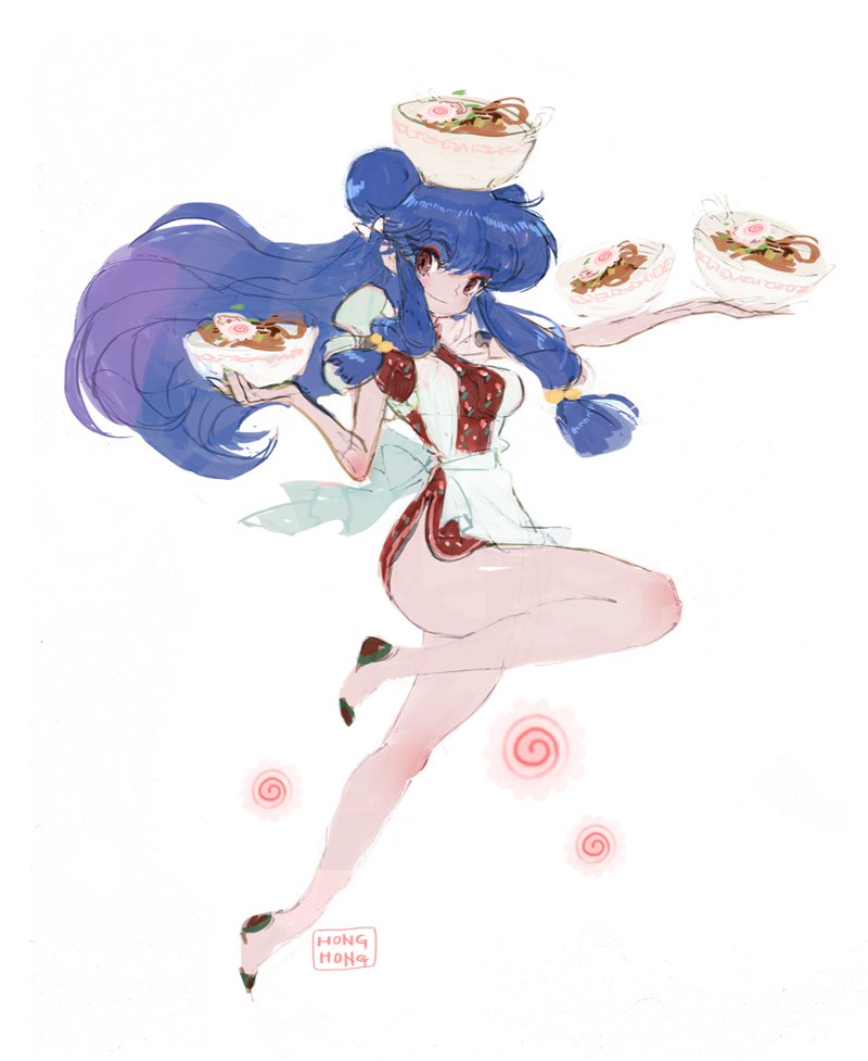 1girl, apron, artist_name, bare_legs, bell, blue_hair, bowl, china_dress