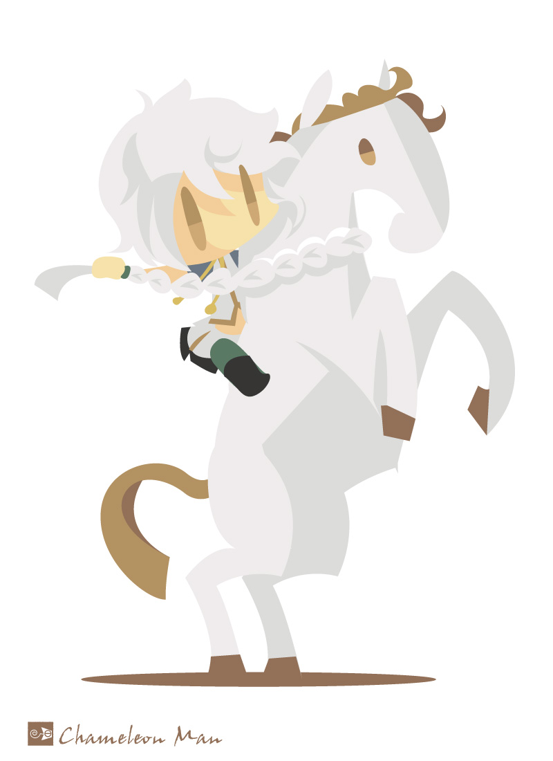 1girl, artist_name, braid, brown_eyes, chameleon_man_(three), chibi, full_body, horse