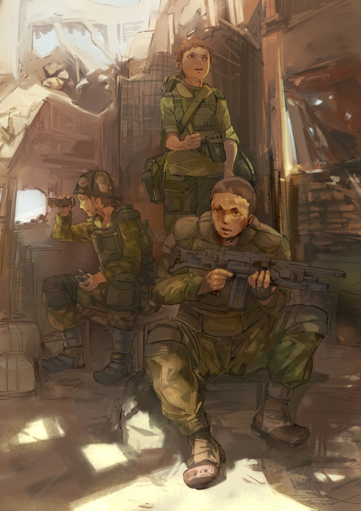 3boys, binoculars, geetgeet, gun, helmet, holding, holding_gun, holding_weapon, load_bearing_vest, military, military_uniform, multiple_boys, original, ruins, short_hair, sitting, soldier, trigger_discipline, uniform, weapon