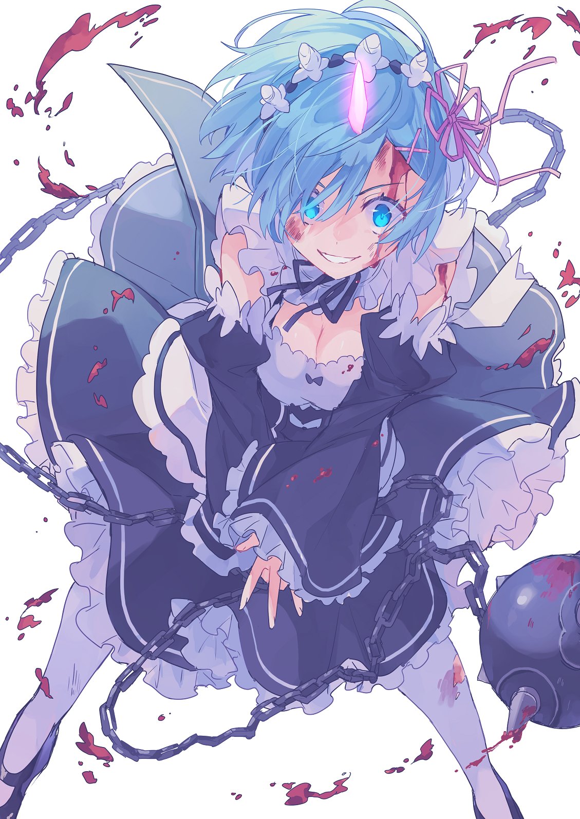 1girl, bcoca, blood, blood_on_face, blue_eyes, blue_hair, breasts, demon_girl