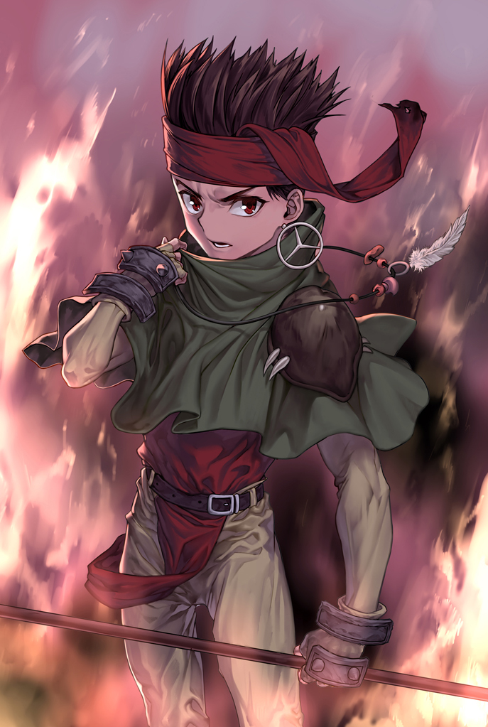 1boy, arc_the_lad, arc_the_lad_ii, bandanna, brown_hair, commentary_request, elc_(arc_the_lad), headband