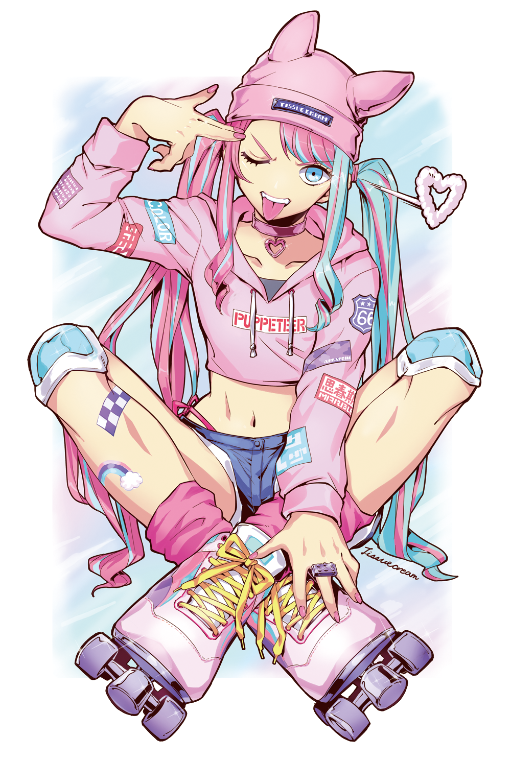 1girl, ;p, bangs, beanie, blue_eyes, choker, collarbone, commentary_request