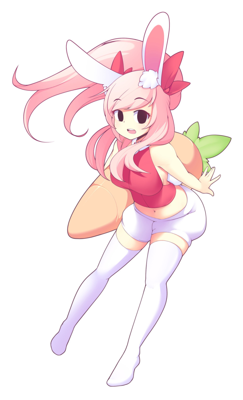 1girl, absurdres, animal_ears, black_eyes, bunny_tail, carrot, fiz_(fizintine), fizinite, fizintine, highres, long_hair, navel, open_mouth, original, pink_hair, rabbit_ears, solo, tail, white_background, white_legwear