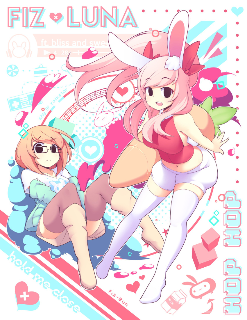 absurdres, animal_ears, black_eyes, black_legwear, bunny_tail, carrot, fiz_(fizintine), fizinite, fizintine, glasses, green_sweater, highres, long_hair, luna_(fizintine), navel, open_mouth, orange_hair, original, pillow, pink_hair, rabbit_ears, side_part, sitting, skirt, tail, white_legwear