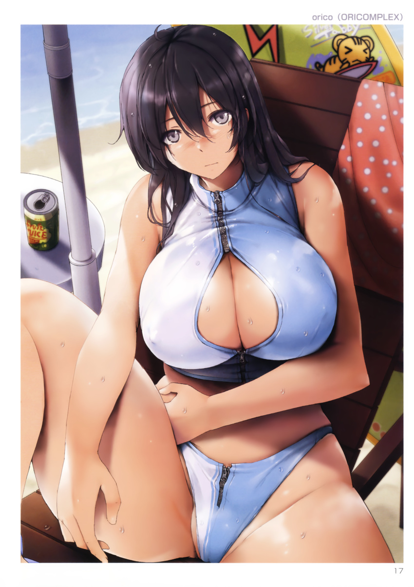 1girl, absurdres, ahoge, bangs, bare_arms, bare_legs, bare_shoulders, barefoot, beach, beach_towel, beach_umbrella, black_hair, blue_swimsuit, blush, breasts, can, chair, cleavage, cleavage_cutout, closed_mouth, day, eyebrows_visible_through_hair, fingernails, groin, hair_between_eyes, hand_on_own_stomach, highres, huge_breasts, knee_up, kotora_(toranoana), long_hair, looking_at_viewer, lounge_chair, navel, nose_blush, orico, outdoors, polka_dot, polka_dot_towel, scan, sitting, soda_can, solo, swimsuit, table, toranoana, towel, umbrella, violet_eyes, water, wet, wet_hair, zipper