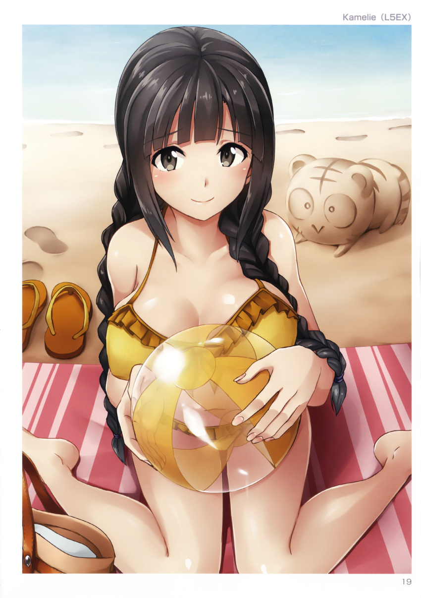1girl, absurdres, bag, ball, bangs, bare_arms, bare_legs, bare_shoulders, barefoot, beach, beach_towel, beachball, bikini, black_hair, blunt_bangs, blush, braid, breasts, brown_eyes, cleavage, closed_mouth, collarbone, day, eyebrows_visible_through_hair, fingernails, frilled_bikini, frills, hair_ornament, hair_tie, highres, holding, holding_ball, kamelie, kotora_(toranoana), large_breasts, long_fingernails, long_hair, looking_at_viewer, nail_polish, navel, outdoors, pink_nails, sand, scan, shoulder_bag, sidelocks, sitting, smile, solo, swimsuit, toranoana, towel, twin_braids, wariza, water, yellow_bikini