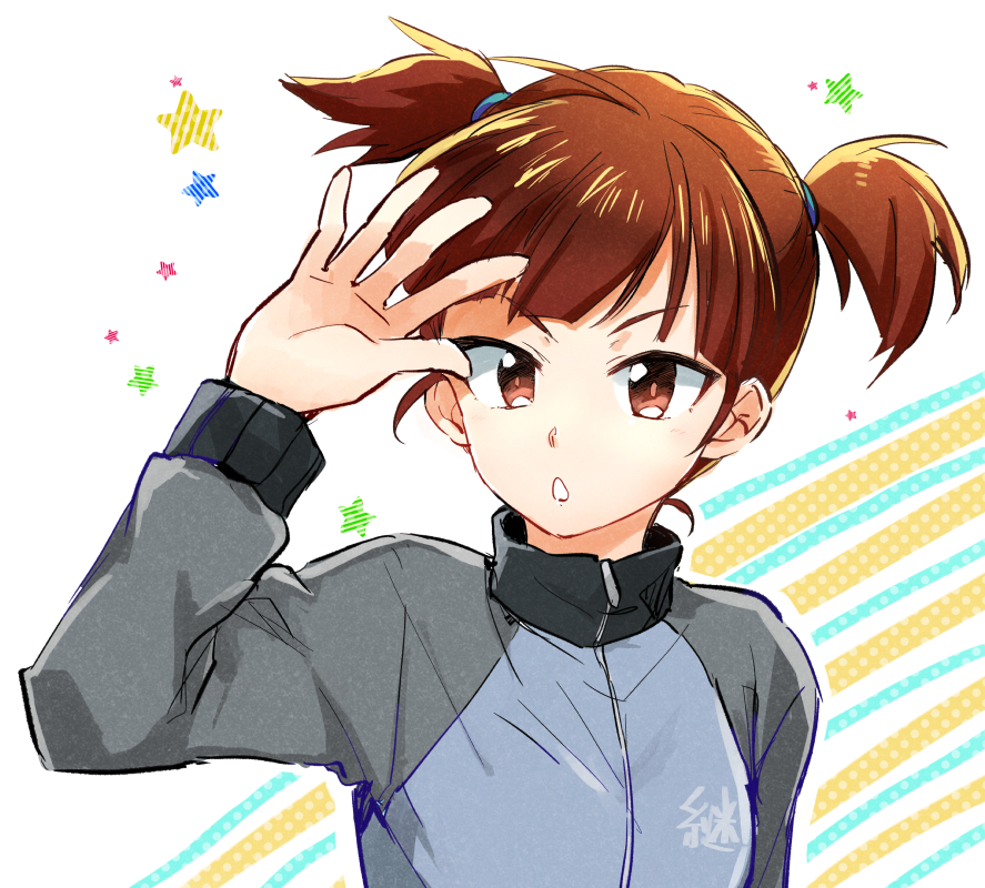 1girl, brown_eyes, brown_hair, gaa_(butsugen), girls_und_panzer, jacket, keizoku_military_uniform, mikko_(girls_und_panzer), short_hair, short_twintails, solo, track_jacket, twintails, upper_body