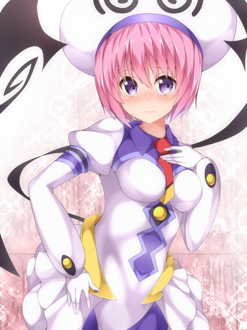 1girl, alternate_hair_color, blush, bodysuit, commentary_request, cosplay, gloves, hand_on_own_chest