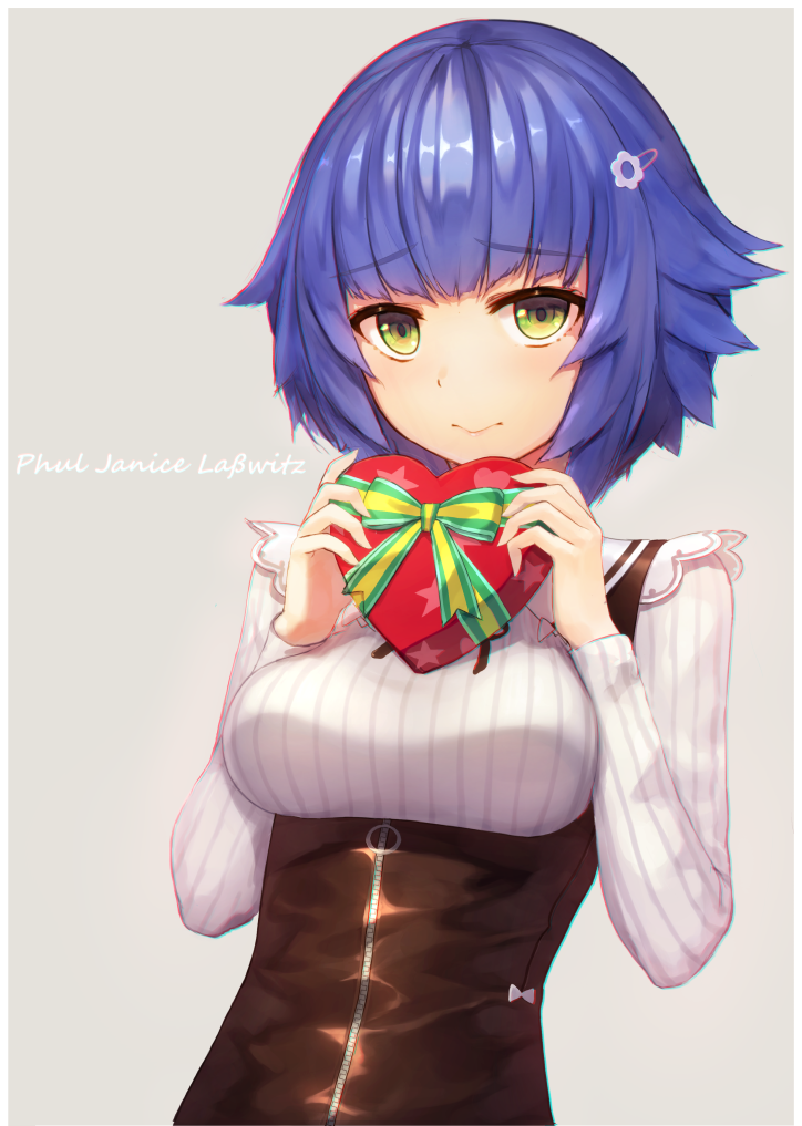 1girl, bangs, blue_hair, blunt_bangs, blush, box, breasts, character_request, closed_mouth, corset, eyebrows_visible_through_hair, flipped_hair, gift, gift_box, green_eyes, green_ribbon, hair_ornament, hairclip, heart-shaped_box, holding, holding_gift, long_sleeves, looking_at_viewer, medium_breasts, munuu, phantasy_star, phantasy_star_online_2, phul_j_lasswitz, ribbon, shiny, shiny_clothes, shiny_hair, shirt, short_hair, smile, solo, star, star_print, striped, striped_shirt, underbust, upper_body, vertical-striped_shirt, vertical_stripes, white_shirt