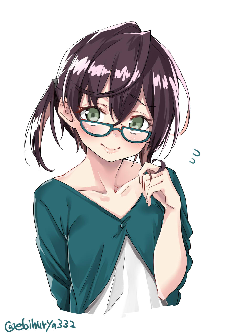1girl, black_hair, blouse, blue-framed_eyewear, brown_hair, casual, collarbone, ebifurya