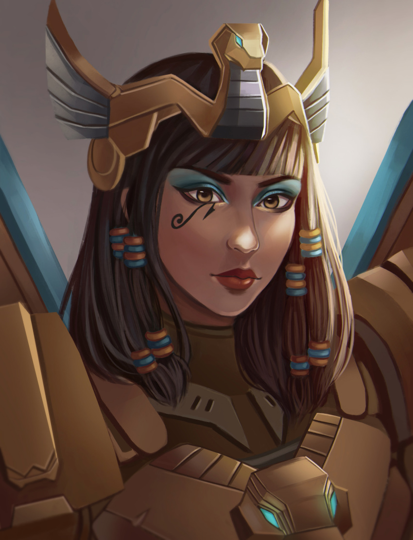 1girl, alternate_costume, aqua_eyeshadow, asp_pharah, black_hair, dark_skin, egyptian_clothes, eyeliner