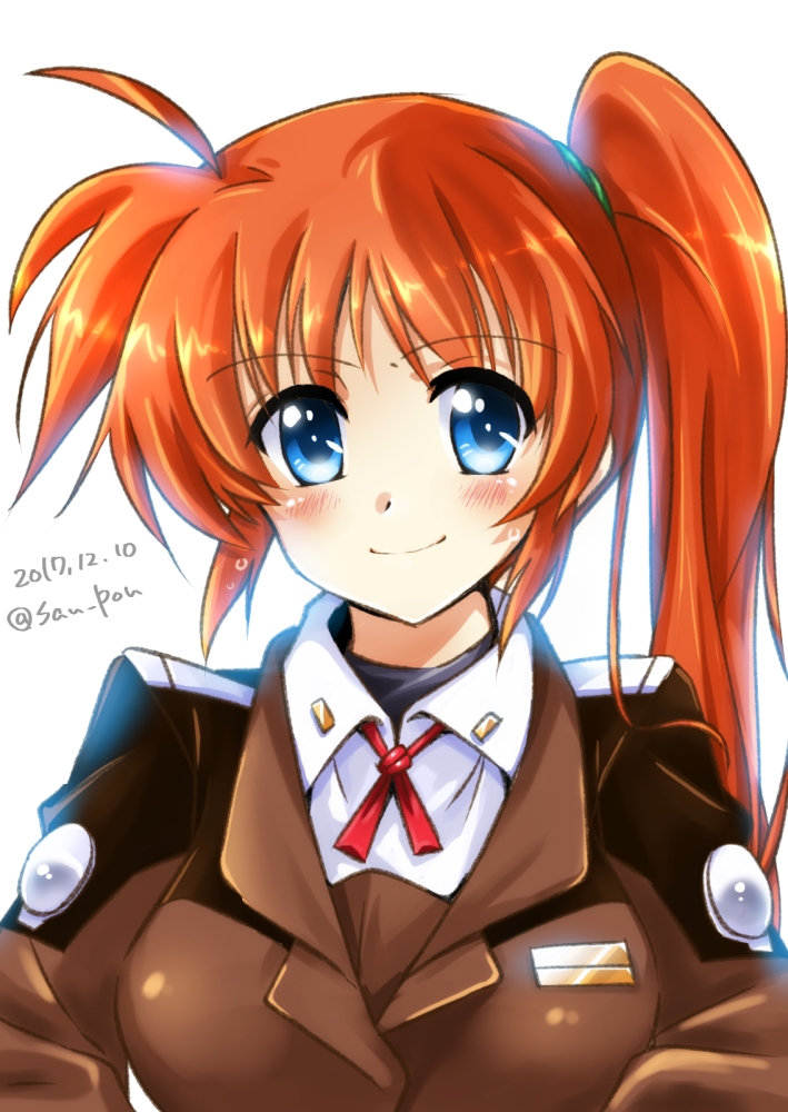 1girl, bangs, black_shirt, blue_eyes, brown_jacket, closed_mouth, dasuto, dated, dress_shirt, error, eyebrows_visible_through_hair, hair_tie, jacket, long_hair, long_sleeves, looking_at_viewer, lyrical_nanoha, mahou_shoujo_lyrical_nanoha_strikers, military, military_uniform, neck_ribbon, orange_hair, red_neckwear, red_ribbon, ribbon, shirt, side_ponytail, simple_background, smile, solo, takamachi_nanoha, tsab_ground_military_uniform, twitter_username, uniform, upper_body, white_background, white_shirt