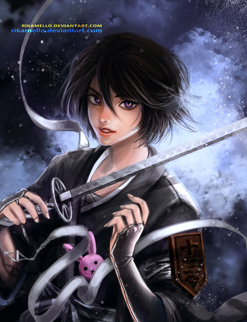 1girl, badge, black_kimono, bleach, fukutaichou_badge, hair_between_eyes, highres, holding
