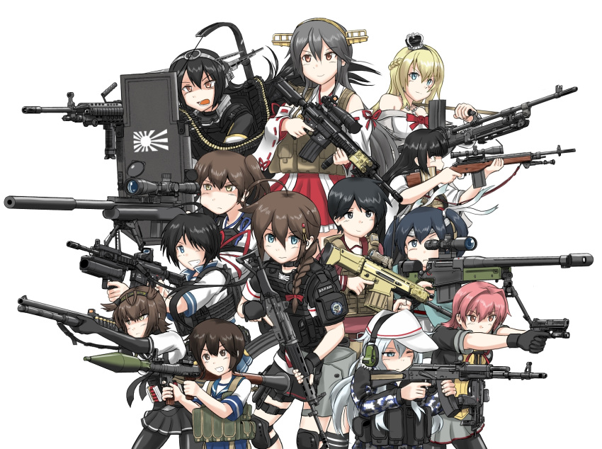 6+girls, aiming, black_hair, blonde_hair, brown_hair, camouflage, camouflage_jacket, ear_protection