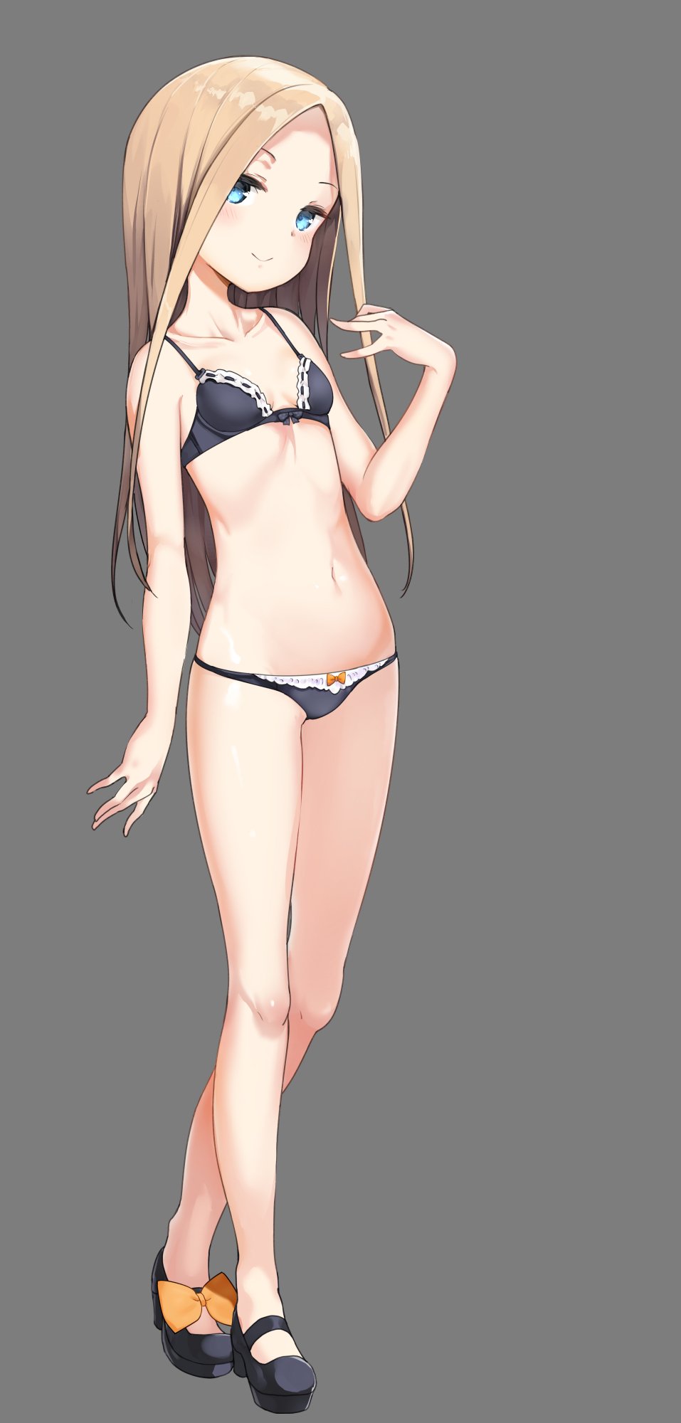 1girl, abigail_williams_(fate/grand_order), arm_at_side, bangs, bare_legs, bell_(oppore_coppore), black_bra, black_panties