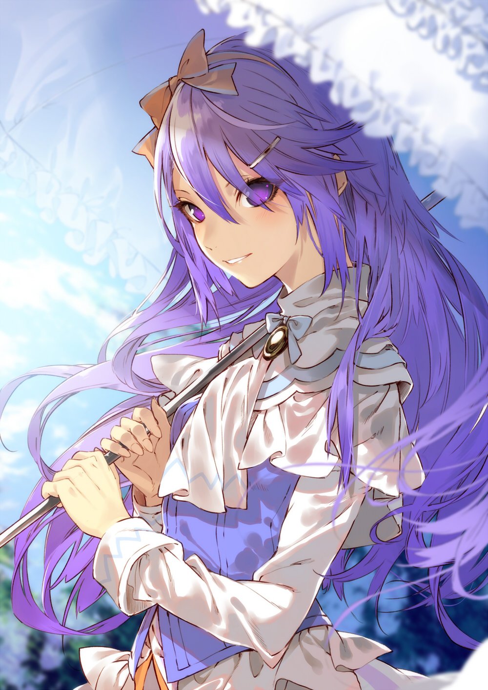 1girl, ascot, bangs, blue_ribbon, blue_sky, blurry, bow, brooch