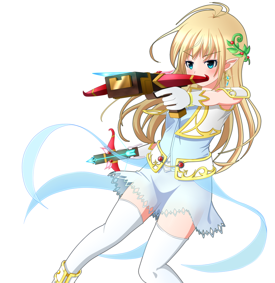 1girl, artist_request, blonde_hair, blue_eyes, bow_(weapon), crossbow, dress, elf