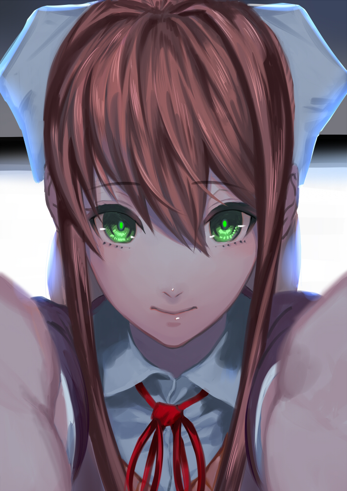 1girl, bangs, bow, brown_hair, doki_doki_literature_club, eyebrows_visible_through_hair, foreshortening, green_eyes, hair_bow, long_hair, looking_at_viewer, monika_(doki_doki_literature_club), monitor, odakojirou, outstretched_arms, ponytail, school_uniform, screen_light, sidelocks, smile, solo, through_screen