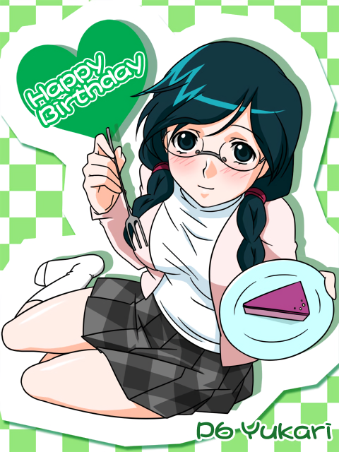1girl, aqua_eyes, aqua_hair, blush, braid, cake, character_name, checkered