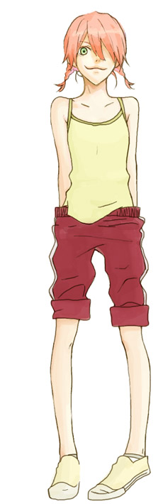 braid, camisole, flcl, gen, green_eyes, hair_over_one_eye, hand_under_clothes, haruhara_haruko, oekaki, pink_hair, shorts, smile, twin_braids
