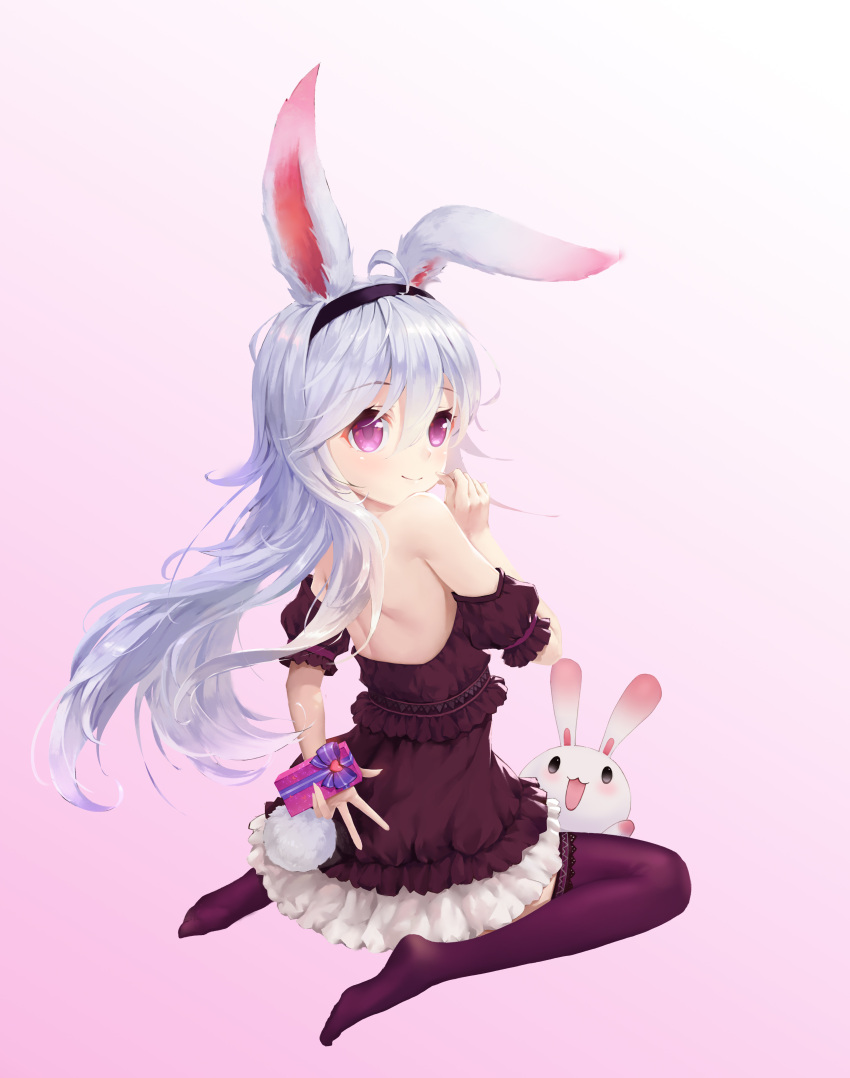 1girl, absurdres, ahoge, animal_ears, aura_kingdom, bare_shoulders, bunny_tail, cookman, full_body, gift, gradient, gradient_background, hairband, hand_up, highres, long_hair, looking_at_viewer, no_shoes, pink_background, purple_legwear, rabbit, rabbit_ears, sitting, smile, solo, tail, thigh-highs, valentine, violet_eyes, white_hair