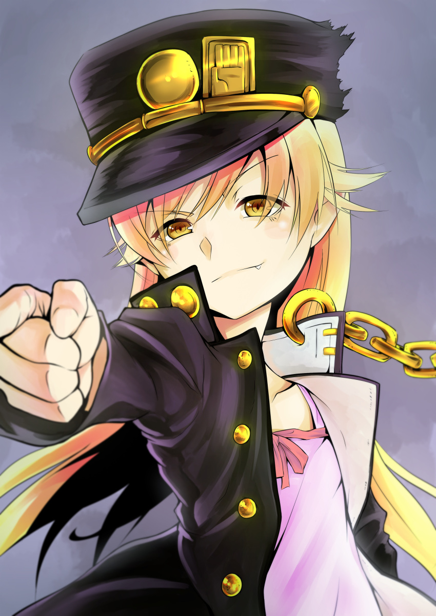 1girl, absurdres, blonde_hair, chains, commentary, cosplay, fang, fang_out