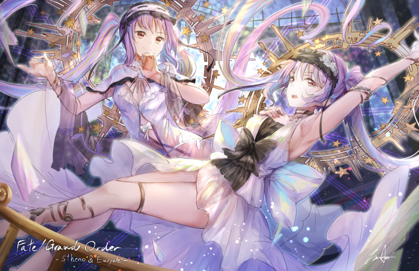 2girls, :d, arm_up, armpits, breasts, brown_eyes, character_name, cleavage