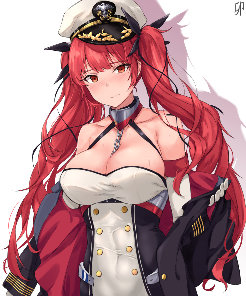 1girl, absurdres, azur_lane, bangs, between_breasts, black_ribbon, blush, breasts
