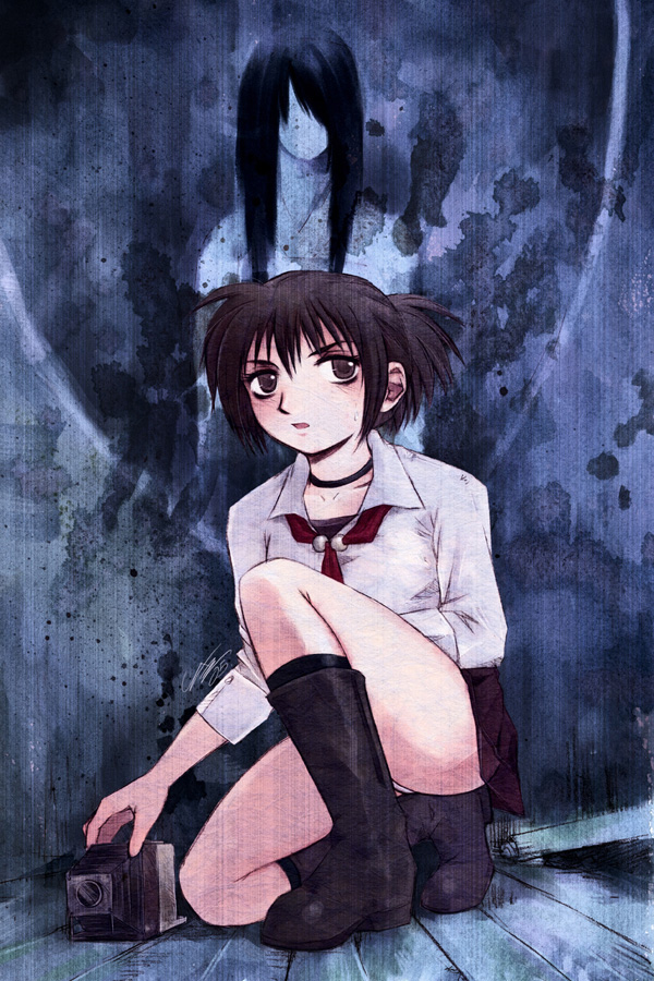 bellows_camera, black_hair, blouse, boots, bow, brown_eyes, brown_hair, buttons