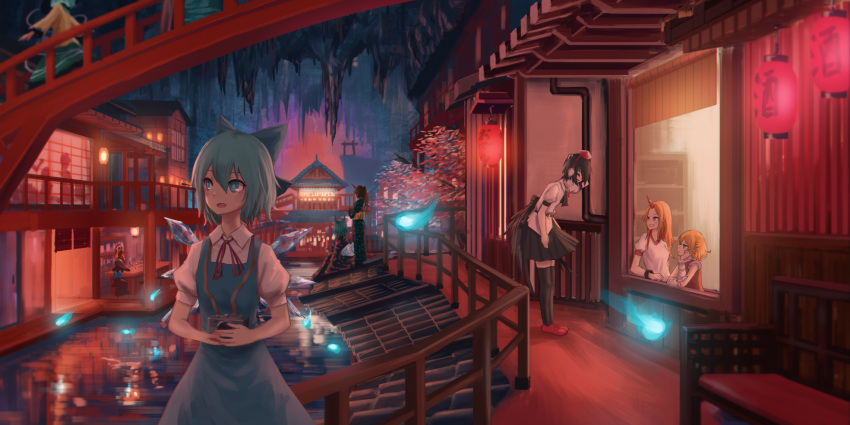 6+girls, bare_arms, bare_shoulders, black_hair, black_legwear, black_skirt, black_wings, blonde_hair, blue_bow, blue_dress, blue_eyes, blue_hair, bow, breasts, bridge, building, camera, cherry_blossoms, cirno, closed_eyes, commentary_request, dress, expressionless, forehead, former_capital, green_eyes, green_hair, green_skirt, grin, hair_bow, hand_behind_head, hat, highres, holding, holding_camera, horn, hoshiguma_yuugi, ice, ice_wings, japanese_clothes, kimono, komeiji_koishi, lantern, long_sleeves, looking_at_another, medium_breasts, mizuhashi_parsee, multiple_girls, neck_ribbon, open_mouth, paper_lantern, pleated_skirt, puffy_short_sleeves, puffy_sleeves, railing, red_eyes, red_footwear, red_neckwear, red_ribbon, reflection, ribbon, roke_(taikodon), shameimaru_aya, shirt, short_hair, short_sleeves, skirt, smile, stalactite, thigh-highs, tokin_hat, touhou, water, white_shirt, wide_sleeves, wings, yellow_shirt, zettai_ryouiki