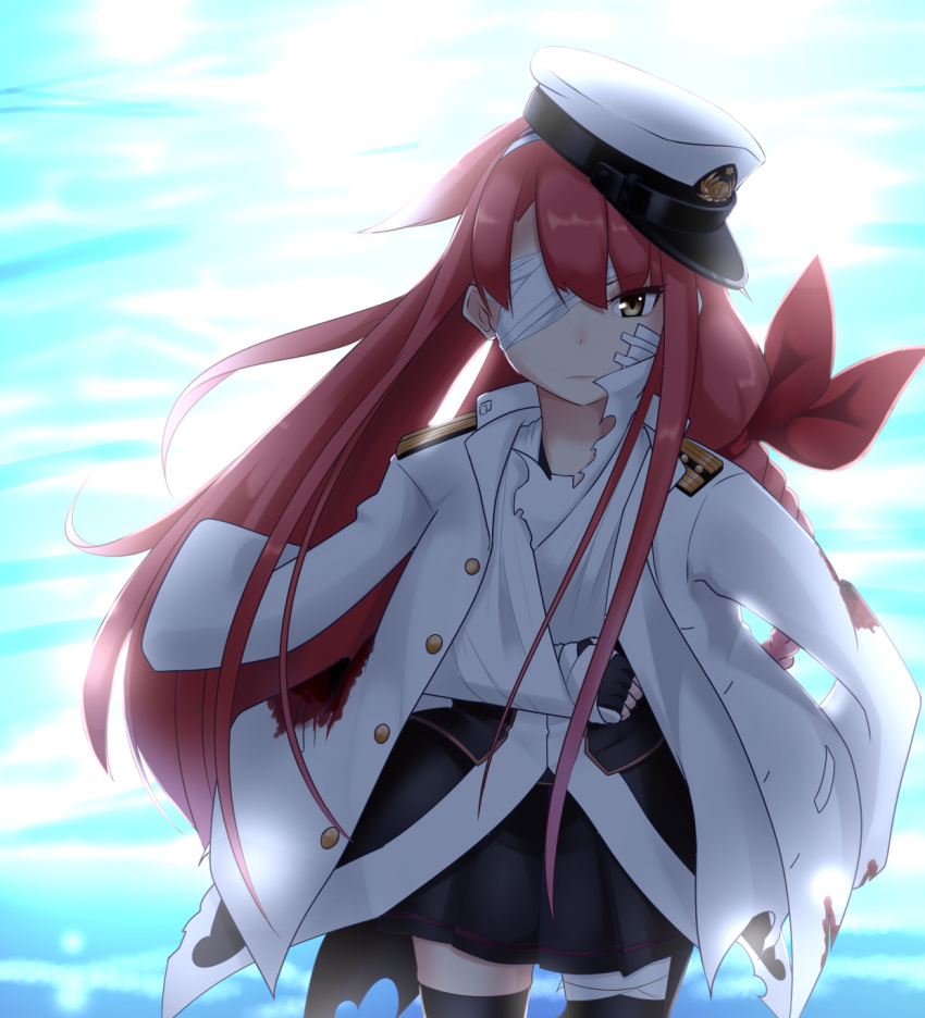 1girl, alternate_costume, bandage, bandaged_arm, bandaid, bandaid_on_face, black_skirt, blood