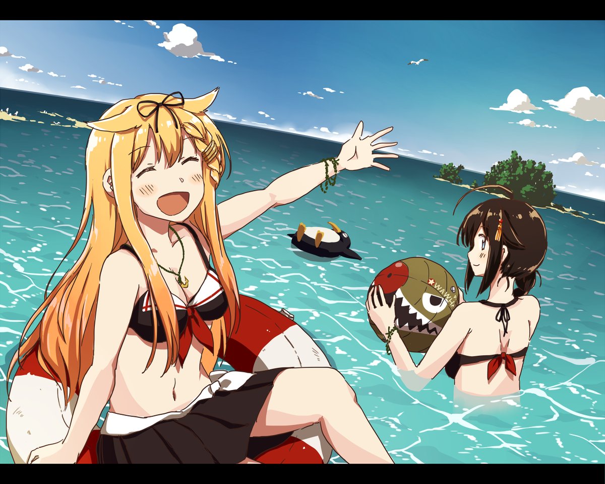 2girls, :d, ^_^, ^o^, adapted_costume, ahoge, anchor_necklace, any_(lucky_denver_mint), arm_at_side, arm_up, ball, bangs, bare_shoulders, beachball, bikini, bikini_top, bird, black_bikini, black_hair, black_ribbon, black_skirt, blonde_hair, blue_eyes, blue_sky, blush, bracelet, braid, breasts, cleavage, closed_eyes, clouds, day, dutch_angle, eyebrows_visible_through_hair, facing_viewer, failure_penguin, french_braid, hair_flaps, hair_ornament, hair_ribbon, hairclip, hairpin, holding, holding_ball, horizon, indoors, innertube, island, jewelry, kantai_collection, long_hair, medium_breasts, multiple_girls, navel, ocean, open_mouth, outdoors, outstretched_arm, pendant, pleated_skirt, red_ribbon, ribbon, seagull, shigure_(kantai_collection), shiny, shiny_hair, sidelocks, single_braid, sitting, skirt, sky, smile, stomach, swimsuit, very_long_hair, water, yuudachi_(kantai_collection)