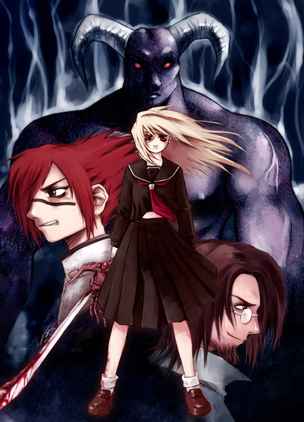 beard, blonde_hair, blood, brown_eyes, brown_hair, demon, earrings, eyepatch