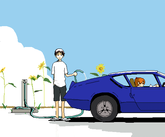 casual, flower, gen, hose, ikari_shinji, motor_vehicle, neon_genesis_evangelion, oekaki