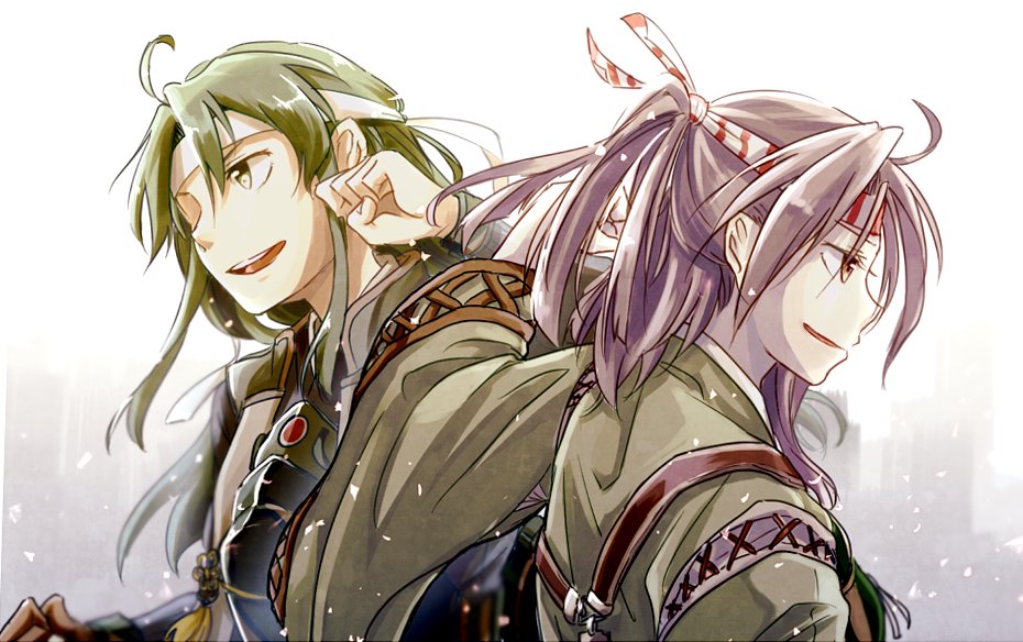 2girls, brown_hair, commentary, green_eyes, green_hair, hachimaki, headband, high_ponytail