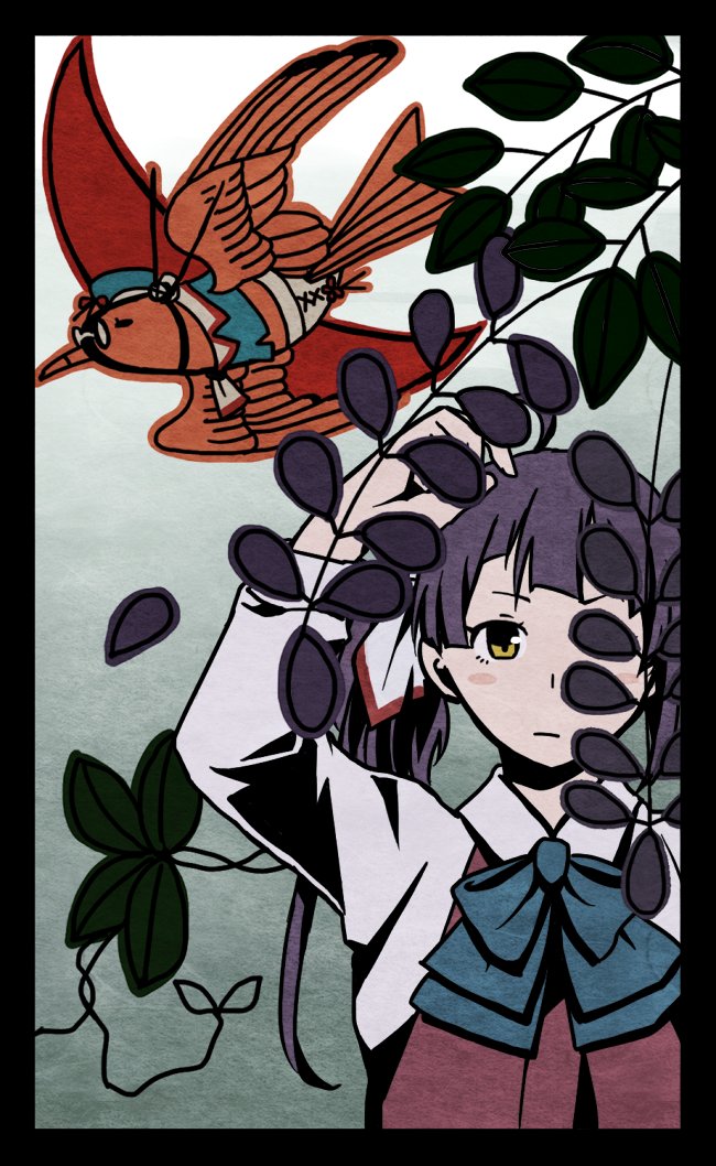 2girls, ahoge, animalization, beret, bird, blue_neckwear, bow, bowtie